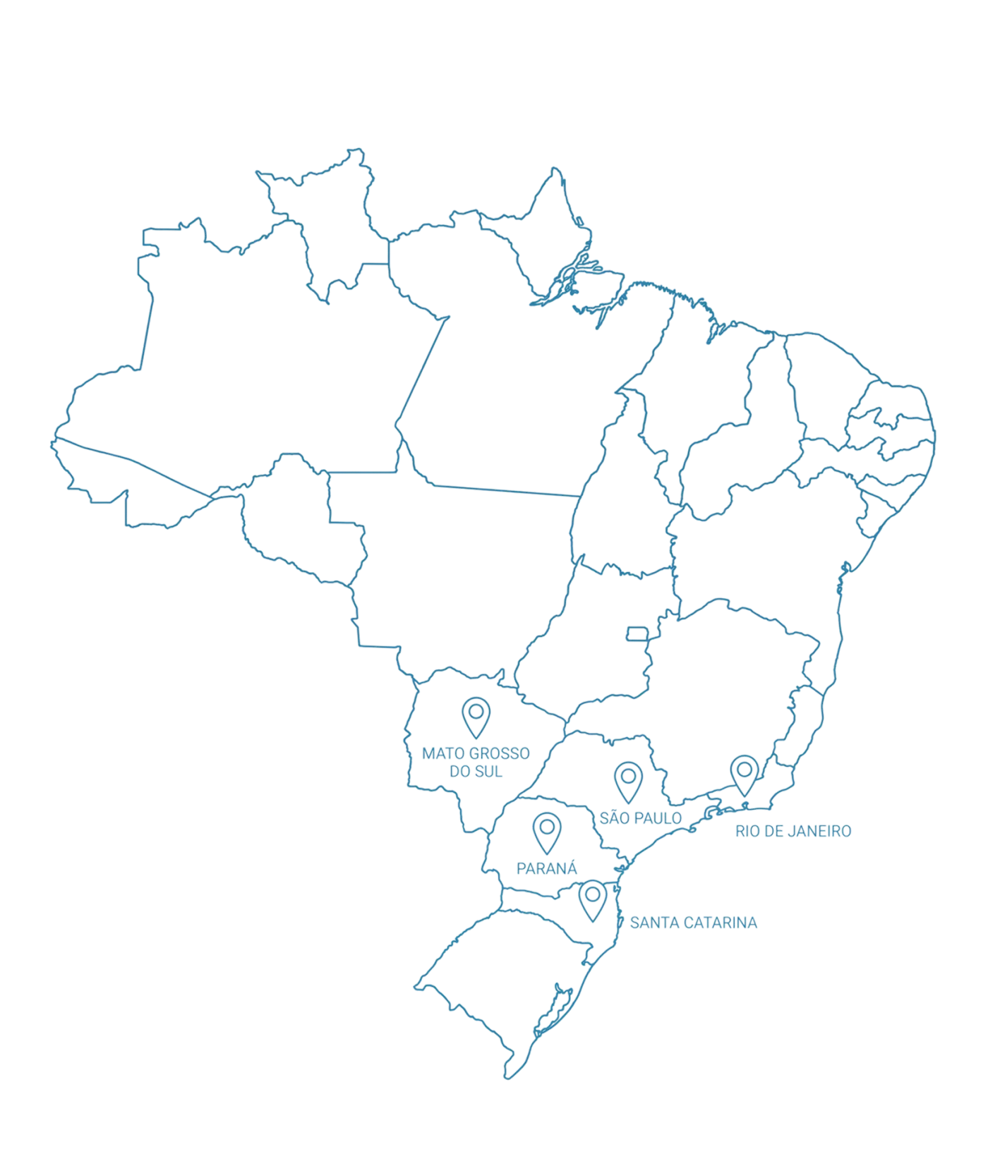 Mapa do Brasil com estados de atuação da Linotech: Mato Grosso do Sul, São Paulo, Rio de Janeiro, Paraná e Santa Catarina